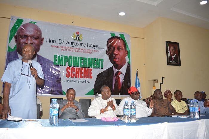 From left: Dr. Augustine Uroye, Hon. Solomon Ighrakpata, Chief Joseph Otumara, Chief Thomas Ereyitomi, Barr. Ada-Val Arenyeka & others.]